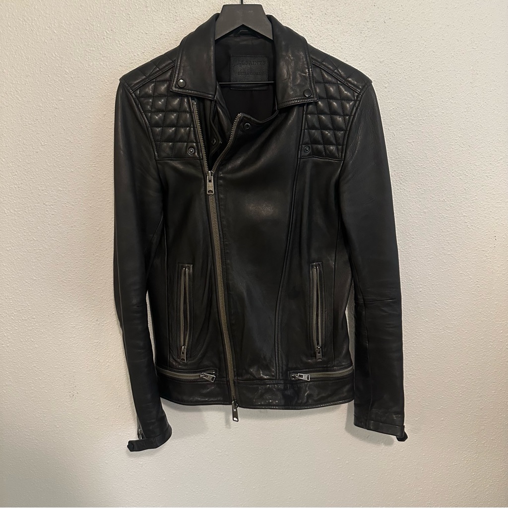 Allsaints Black Leather Jacket With Quilted Shoulders